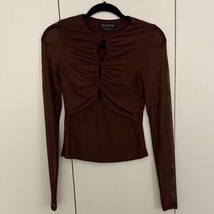 MINKPINK Chocolate Brown Ruched Mesh Long Sleeve Top